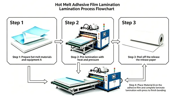Step-by-step hot-melt adhesive film lamination process flowchart