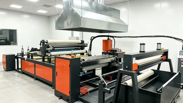 Industrial roller laminator machine assembly line inside a manufacturing workshop